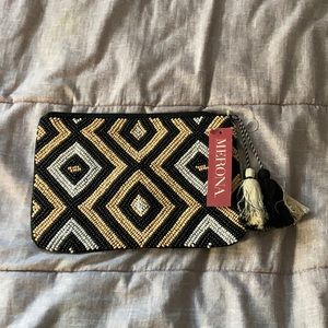 Merona Blk, Gry & Cream Beaded Clutch w/Tassle Zip